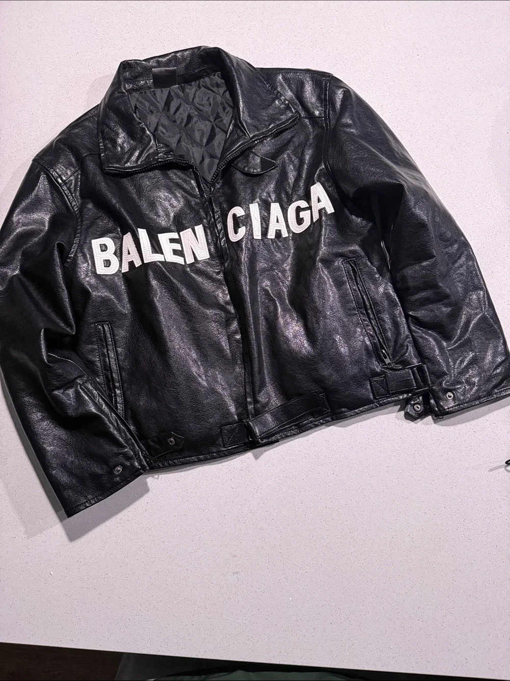 Rich Boy$ - Balenciaga Black Leather Bomber Jacket with White Logo